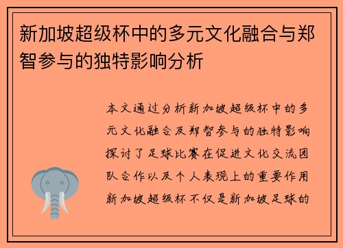 新加坡超级杯中的多元文化融合与郑智参与的独特影响分析