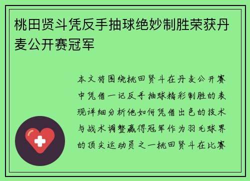 桃田贤斗凭反手抽球绝妙制胜荣获丹麦公开赛冠军