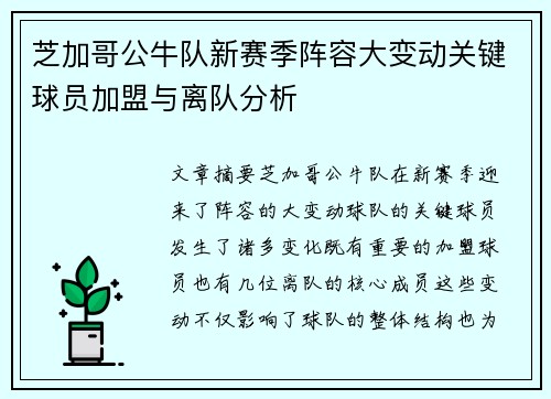 芝加哥公牛队新赛季阵容大变动关键球员加盟与离队分析