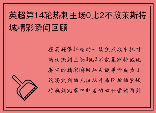 英超第14轮热刺主场0比2不敌莱斯特城精彩瞬间回顾